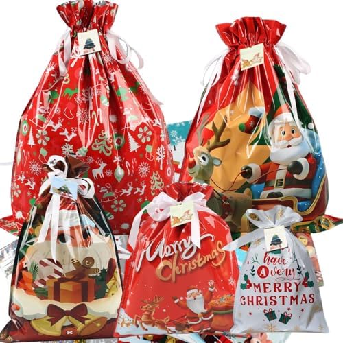 RLLJS 15Pcs Merry Christmas Drawstring Gift Bag New Year Candy Cookie Packaging Bag Christmas Home Decoration with Tags
