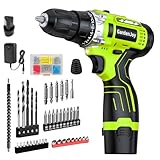 12V Green Cordless Drill Kit, Home DIY, 2 Batteries & Fast Charger, Compact, 2-Speed, 3/8" Keyless Chuck, 24+1 Torque, LED Light for Wood and Metal