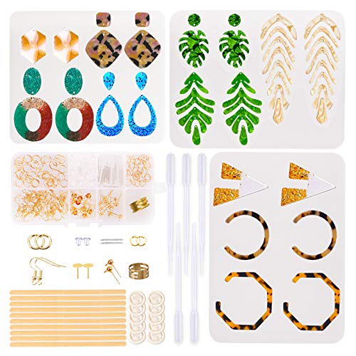 Earring Resin Molds,Earring Molds for Resin Casting Set Including 3 Pack Bohemian Drop Dangle Resin Earring Mold, Earring Hooks, Jump Rings, Earring Posts for Resin Jewelry