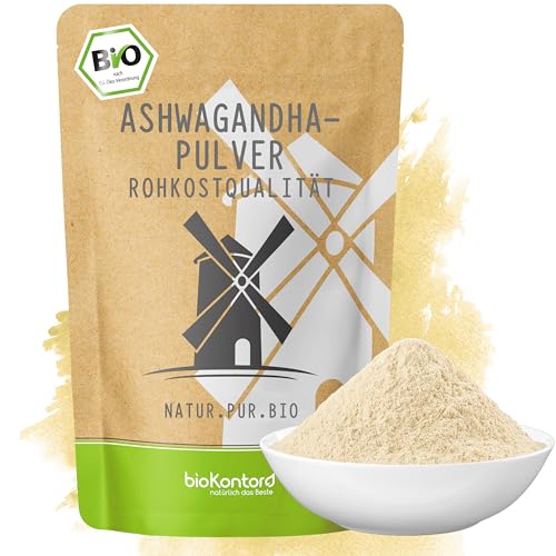 bioKontor Bio Ashwagandha Pulver 250g Ashwagandha Wurzel Pulver aus Indien Ashwagandha gemahlen fein indischer Ginseng Pulver für Smoothies Säfte Goldene Milch Moon Milk 100% Naturrein