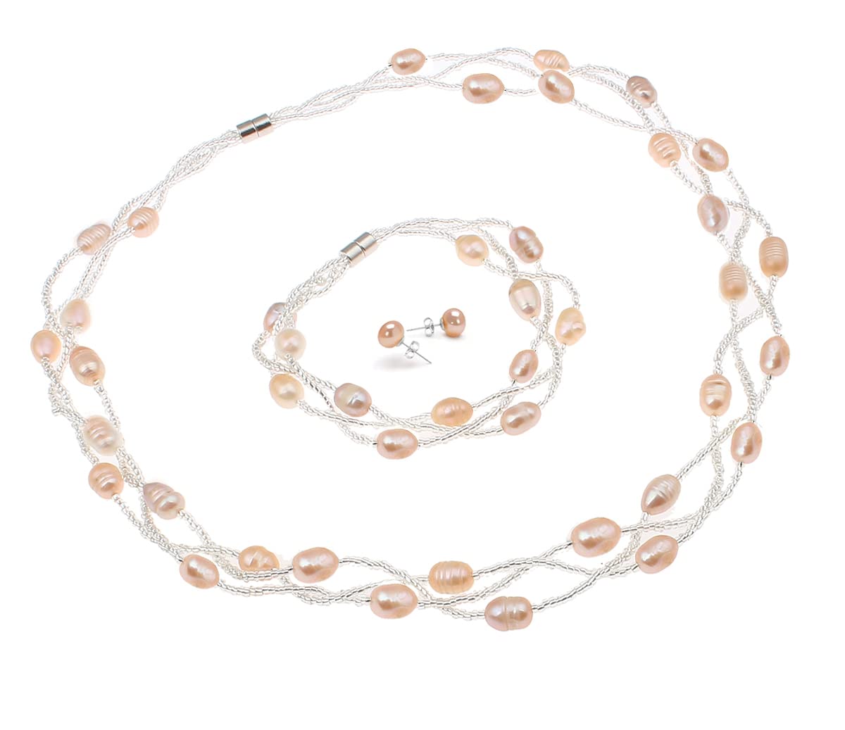 Treasure Bay Natürliche Süßwasserperlen Halskette Armband und Ohrringe Perlenschmuck Set