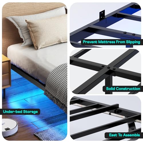 YHUBHSIS Queen Size Metal Floating Bed Frame, Metal Platform Bed with LED Lights, Storage Space Under The Bed, No Box Spring Required, No Noise, Easy to Install (Black, Full)