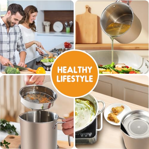 Image of Chihee Grease Container Stainless Steel 2L / 67.6 fl oz Fine Mesh Strainer | Easy to Clean Large Spout Bacon Grease Saver Cooking Oil Keeper Stoarge Can with Dust-proof Lid Non-slip Tray Kitchen Frying
