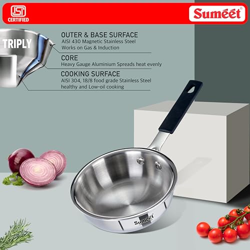 Image of Sumeet Cook Smart ISI Certified Tri-Ply (Steel - Aluminium - Steel) Mini FryingTadka Pan with Silicon Grip | Induction and Gas Friendly | 2.5mm Thick | 400ml -12Cm, Silver