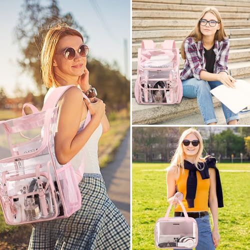 Image of DIGOBAY Clear Backpack with Lunch Bag Set, Leather Clear Backpack Heavy Duty Thick PVC Bookbag See Through Transparent Backpacks with Support Pad for Women Girls College Travel Work Pink | Thick PVC See Through Transparent Backpack for Girls Women for Stadium Events College Travel Work, Pink