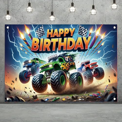 Image of Monster Truck Birthday Backdrop, 70.8x43.3 inches, Polyester, Multicolored, Birthday, Includes Truck-themed Backdrop with Four Grommets
