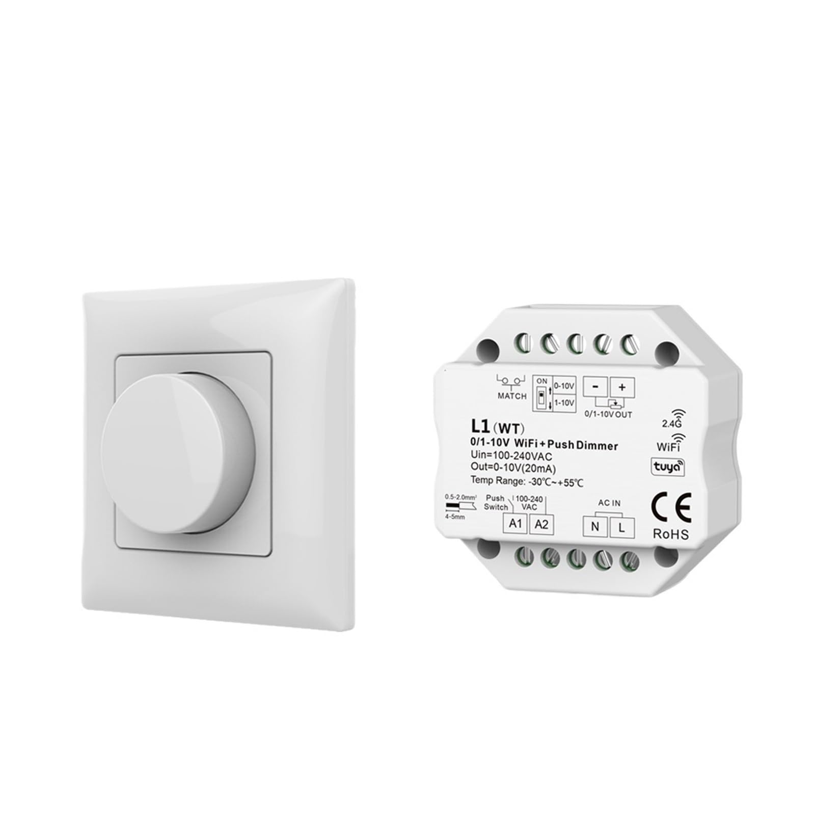 Variateur LED 0/1-10V AC push sans fil 2.4G avec commande vocale L1(WT) et kit télécommande PK1