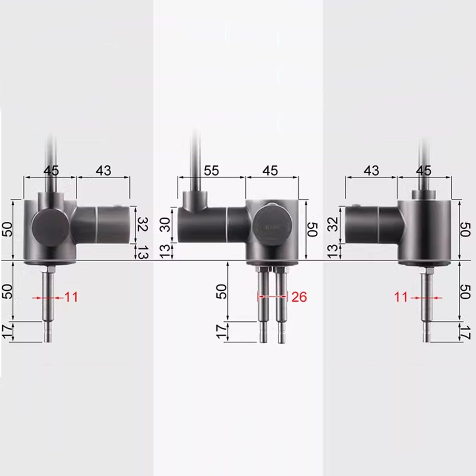 Grifo de cocina de ósmosis dual giratorio de 360°, cuello de cisne de acero inoxidable, purificación de agua, diseño abatible, acabado gris potable, conexión de 1/4 pulgadas