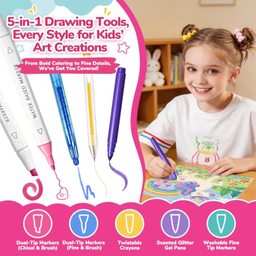 70 PCS Unicorn Arts and Crafts for Girls Ages 4-6-8, Art Supplies Set with 3D Rainbow Glitter Pencil Case, Washable Dual Markers, Scented Gel Pens, Twist-up Crayons & Unicorn Stickers, Birthday Gift — view 4