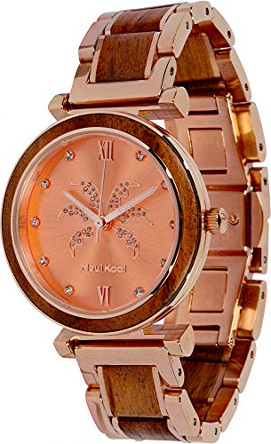 Maui Kool Steel and Wood Hybrid Watch Paia Collection for Women Analog Watch Bamboo Box (P3 - Koa Wood Rose Gold Face)