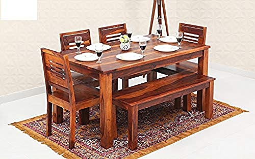Image of Sheesham Wood 6 Seater Dining Table Set for Home Hall || Solid Wood Dining Table with 4 Chairs and Bench for Hotels || Dining Room Sets Honey Finish