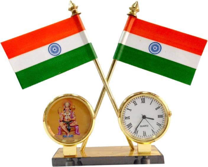 He & She SHOPPINGHe & She SHOPPING Indian Flag with Quartz Watch & Hindu God Idol Hanuman ji Frame with for Car Dashboard & Official Purpose - Brass Coated Pipes Multicolor