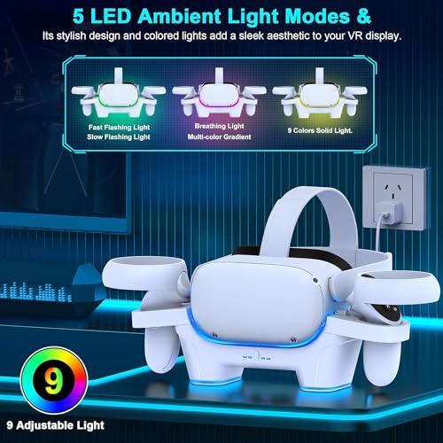 Image of Ant Esports VR Charger Station Compatible with Oculus /meta 3 Quest 3 / 3S, RGB Light Fast Charging Dock Replacement,Headset Display Stand and Controller Mount with 2 Rechargeable Batteries - White