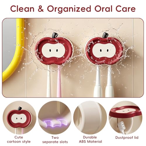 Image of HASTHIP 2Pcs Wall-Mounted Tooth Brush Holder Bathroom, Cartoon Tooth Brush Holder with 2 Slots, Wall Mounted Adhesive Wall Toothbrush Drying Rack Organizer with Dustproof Flip-up Lid Design