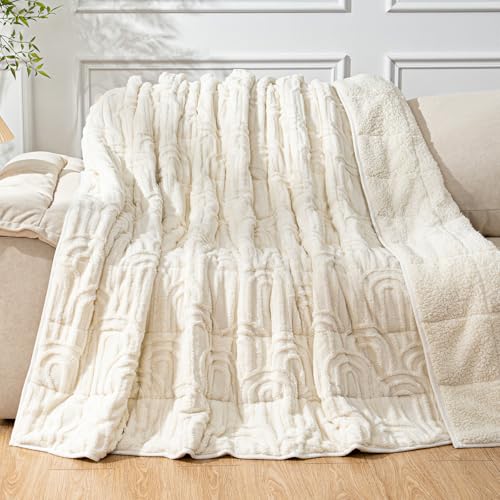 Image of Cottonblue Jacquard Weighted Blanket for Adults Twin Size 12 lbs, Soft Fluffy Sherpa Fleece Weighted Blankets Throw 48 inch x 72 inch for Sleep Relax, Fuzzy Warm Arch Heavy Blanket for Bed Sofa, Cream White