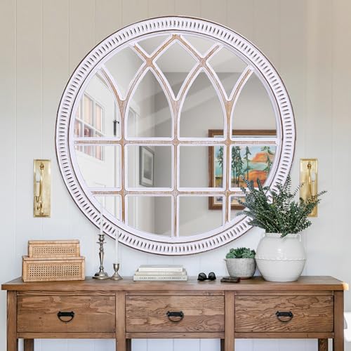 Image of 36 Inch Round Wood Window Mirrors, Farmhouse Windowpane Wall Mirror | Large Decorative Accent, Boho Look, for Entryway, Living Room, Hallway, and Fireplace Mantel Styling