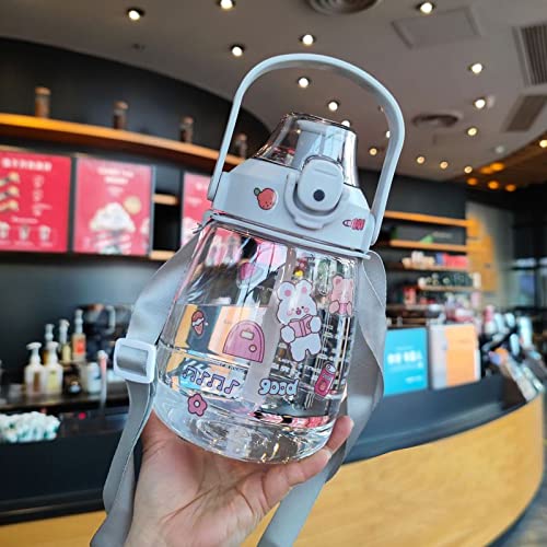 BXCNCKD Kawaii Water Bottle Large-Capacity Student Water Bottle Portable Strap Straw Water Bottle to Send Stickers 1100ml(Grey,1100ml)