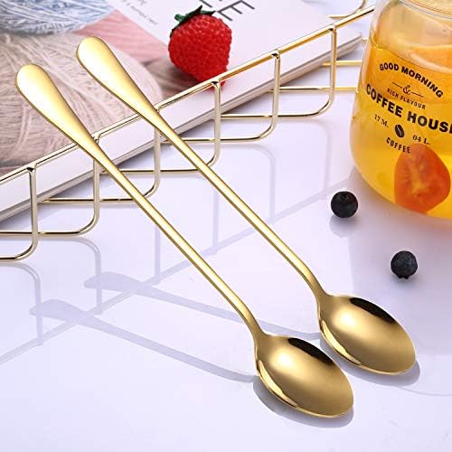VUL Latte Spoons, Set of 6 Long Handle Spoons, Stainless Steel Coffee Spoons Tea Tpoon Ideal for Latte Coffee, Espresso, Hot Chocolate, Hot Drinks, Dessert & Ice Cream Sundae - 7.6 inch (Gold)