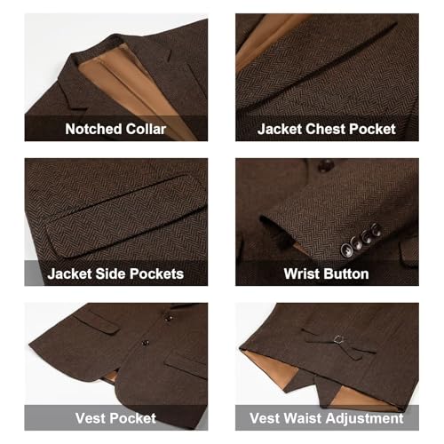 Herringbone Retro Tweed 3 Pieces Suits for Men Prom Suit Set Classic Tuxedo Mens Suits Slim Fit Formal Autumn Winter Jacket Pants Set Dark Brown 3XL4