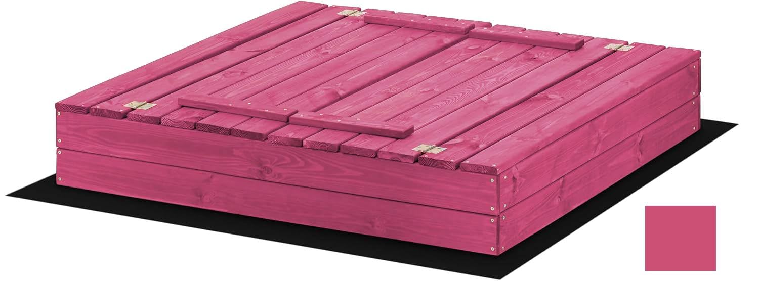 Sandkasten aus Holz 120x120 Imprägniert oder Unbehandelt Sandbox mit Abdeckung Sitzbänken Deckel Plane Sandkiste Sandkastenvlies (120x120 Rosa)