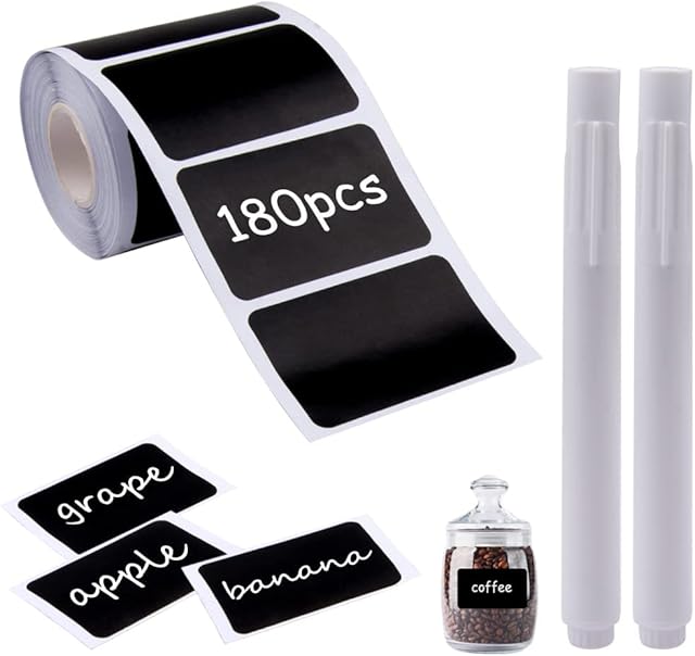 Chalkboard Labels, Sunallwell 180 PCS Waterproof Reusable Blackboard Stickers Kit with 1 White Chalk Pen for Kitchen Organize, Jars, Pantry Storage, Parties, Weddings(60 * 40 mm)