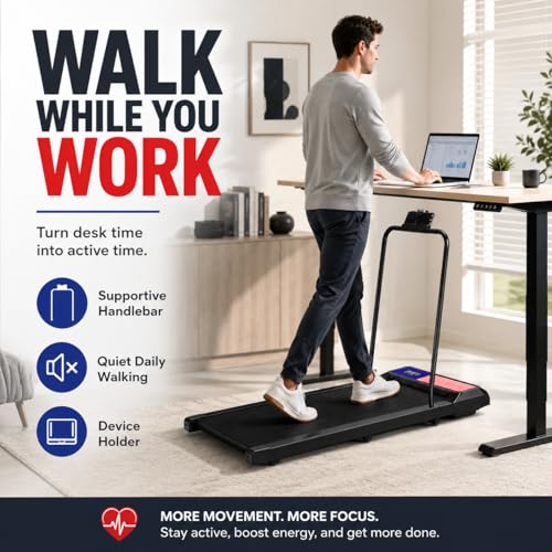 Image of Walking Pad Treadmill with Handle Bar, 8% Incline Under Desk Treadmill | Quiet 2.5HP motor, 265 lb capacity, 0.6-4 MPH speed, 15 x 35.4 in belt, compact for home office and small spaces