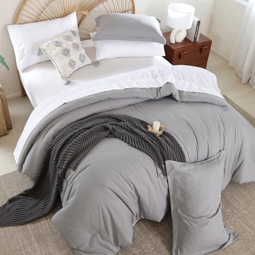 Image of weigelia King Size Comforter Set 7 Pieces Grey Bed Comforter Set Bed in a Bag Solid Color Soft Microfiber King Bedding Set with Sheets Pillow Shams and Pillowcases
