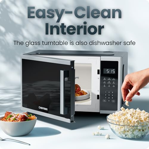 Image of Chefman Countertop Microwave Oven 0.9 Cu. Ft., 1000 Watts with 10 Power Levels, 3 Cooking Presets with One-Touch Express Cook, 2 Defrost Settings, Child Safety Lock, & Mute Button - Stainless Steel