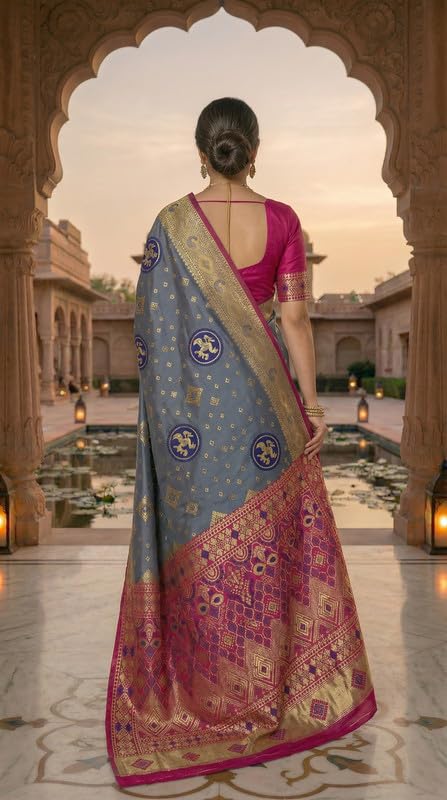 Image of C J Enterprise Women's Pure Soft Silk Saree With Blouse Piece For Wedding (Diamond-Patola)