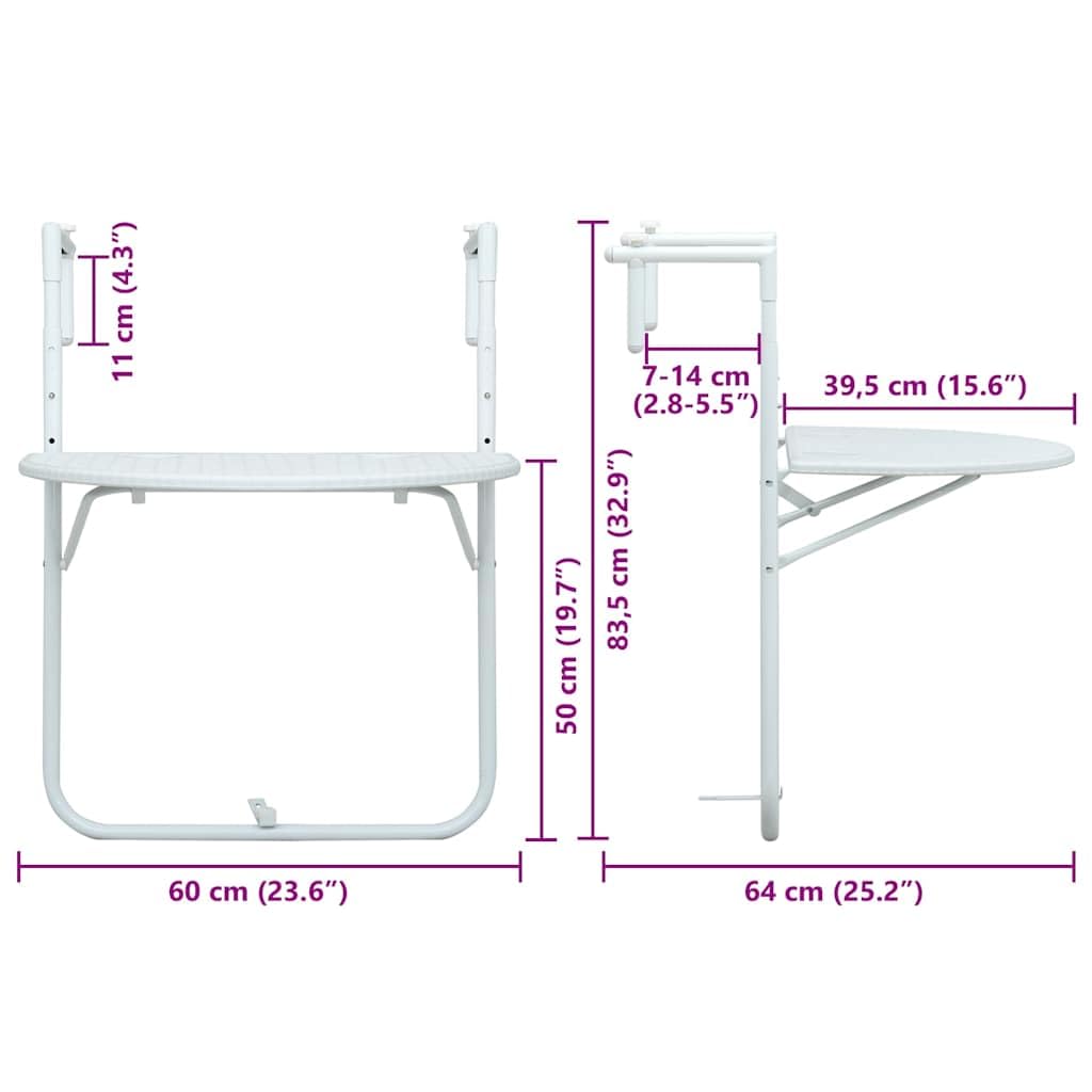 Balkon-Hängetisch Weiß Kunststoff Rattan-Optik 60x64x83,5 cm höhenverstellbar klappbar wetterfest stabil für Garten Terrasse Outdoor Veranda