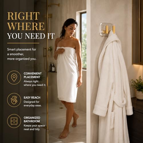 Image of SIGNAMIO 8 Hook Self Adhesive Wall Hooks for Wall Heavy Items, Adhesive Wall Hook, Wall Hooks for Hanging Clothes, Kitchen & Bathroom Accessories, Stick On Hooks for Wall Without Drill -Gold
