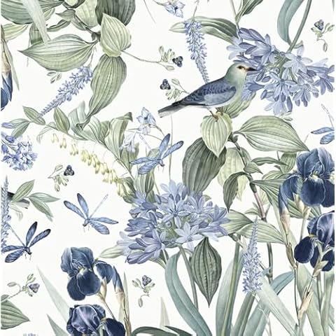 lenify Floral Wallpaper Peel and Stick Blue Flower Contact Paper 16.9inch x196.8inch Vintage Wallpaper Floral Bird Wallpaper for Cabinets Shelf Liner Removable Decor Wallpaper White and Blue Vinyl Cover