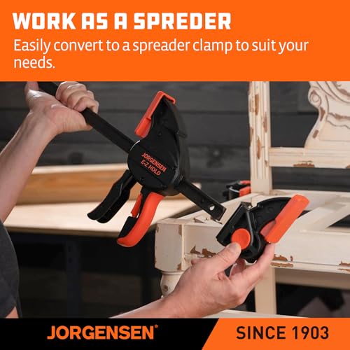 Image of Jorgensen E-Z Hold 2-Pack 6 inch 800LBS Heavy Duty Woodworking Bar Clamps | Expandable Clamp /Spreader, One Handed, Quick Release F Clamps, Trigger Clamp, Non-marring Pads, for Glue-ups & Framing
