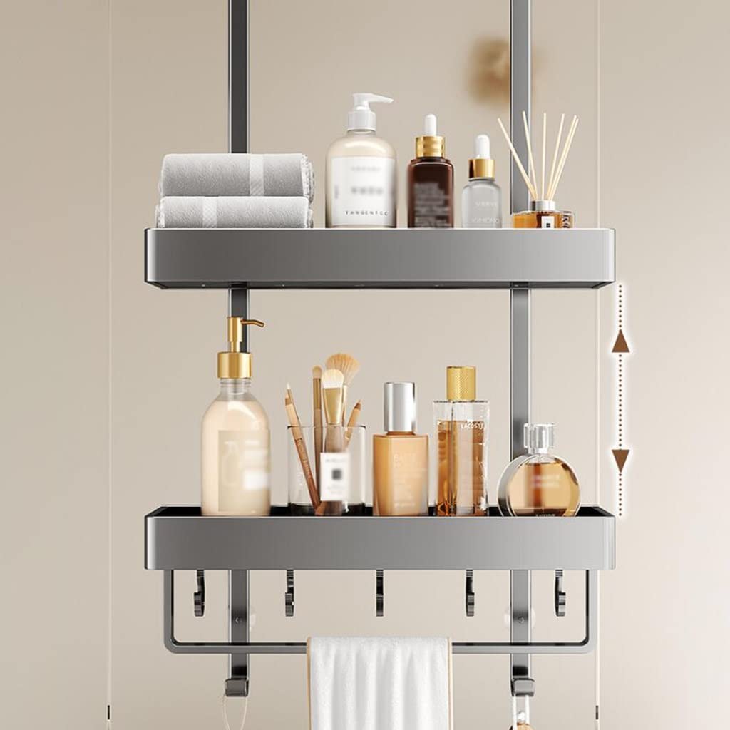 Cesta de ducha para puerta con ganchos, cesta de aluminio inoxidable para organización del baño y fácil almacenamiento