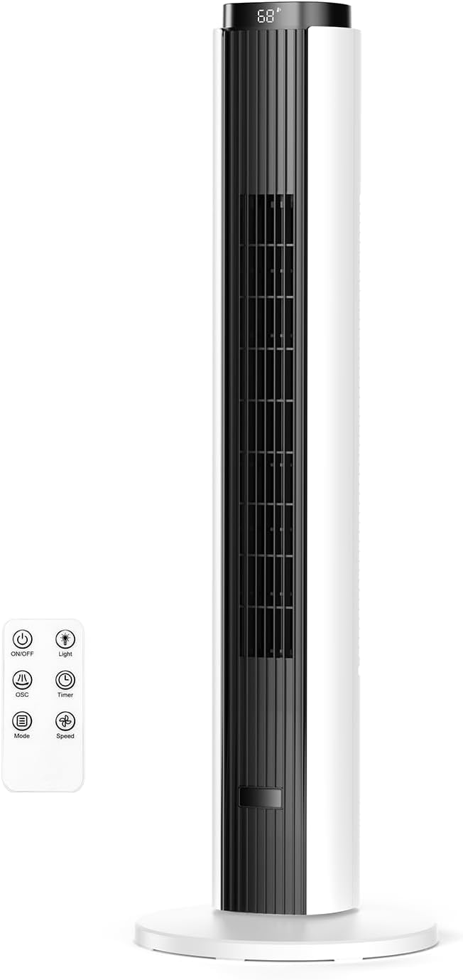 ZAFRO Tower Fan for Bedroom, 37'' Cooling Fans with 4 Modes 6 Speed levels, 1-12H Timer, LED Touchpad, 80° Oscillation Floor Fan for Household Use, Black+White