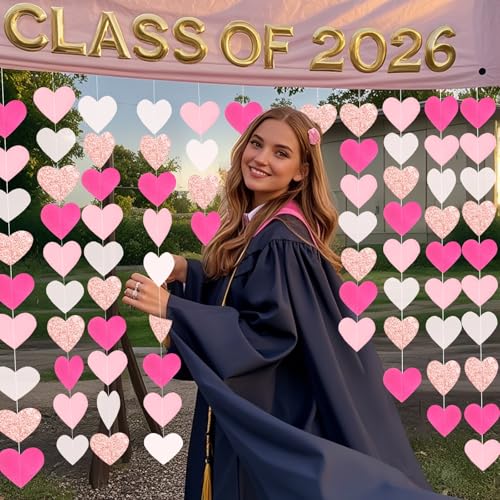 Image of Hot-Pink Rose-Gold Party Decorations Love Heart Garland - 39Ft Girls Birthday Hanging Paper Streamers Banner Wedding Baby Bridal Shower Graduation Bachelorette Engagement Mothers Day Decor