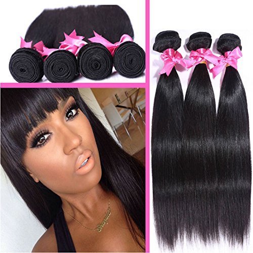 Perstar 8A Grade Brazilian Virgin Hair Straight Remy Hair 4 Bundles Remy Human Hair Weaves Natural Black (10 12 14 16, Natural Color)