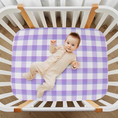Image of Crib Sheet Breathable Soft Crib Mattress Sheet for Baby Toddler Boys Girls Fitted Crib Sheet Fit Standard Crib Mattress 39 x 27 Inch Purple Gingham Checkered