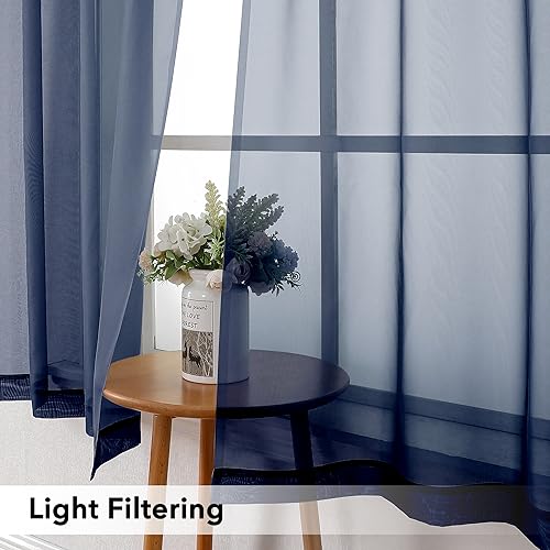 Image of Simplebrand Navy Tier Curtains for Kitchen 24 Inches Long 2 Panels Set, Rod Pocket Cafe Curtain Light Filtering Sheer Short Curtains for Bathroom /Basement Half Window 42 x 24 Inch, 2Pcs, Navy