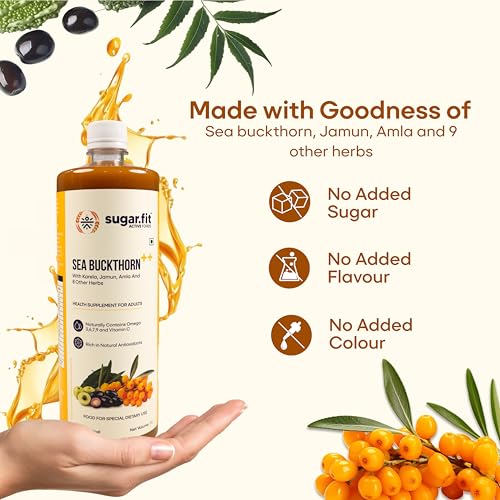 Image of Sugar.fit Himalayan Sea Buckthorn Juice 1000ml | Cold Pressed Seabuckthorn Berry Pulp with 14 Herbs - Amla, Karela, Jamun | Natural Vitamin C, Omega 3 6 7 9 | Immunity, Skin Glow & Gut Health