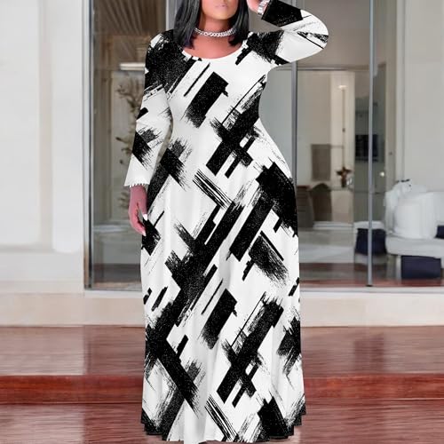 Image of PinkPatty Plus Size Maxi Dress for Curvy Women Crew Neck Long Sleeves Casual Dress Vacation Sundresses with Pockets