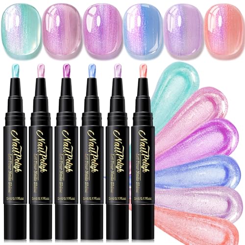 6 Farben Nagellackstift Schnelltrocknend - 3 In 1 Nagelkunststifte Wasserbasis Maniküre Set - Polarisiert Farben Nail Stifte Pen Nail Arts Pen Ohne UV Lampe