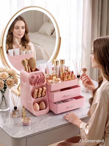 Pink Makeup Organizer with Drawer for Bathroom Countertop Dresser Desk use - image 8