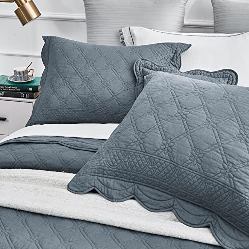 Chixin Oversized Cotton Bedspread Queen Size - Real Stitching - Luxury Quilted Bedding Cover For All Season, Reversible, Ultra Soft, Lightweight, 3 Piece, Smokey Blue #TOP3