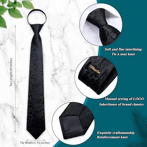 Image of DiBanGu Mens Zipper Tie Silk Pre-Tied Necktie with Gift Box | Jacquard Woven,Paisley Solid Plaid Pattern,6PCS with Pocket Square,Cufflinks and Lapel Pin,for Wedding Party Formal Business