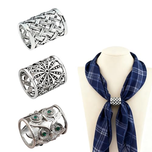 ZGGAZCA 3Pcs Scarf Ring Slide Clips for Women Western Neck Rings and Slides for Scarves Vintage Silver Tone Metal Buckle Holder Charms Clasps