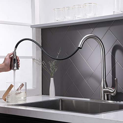 Hotis Commercial Pull Out Single Handle Stainless Steel Pull Down Sprayer Kitchen Sink Faucet, Brushed Nickel Kitchen Faucet with Plate
