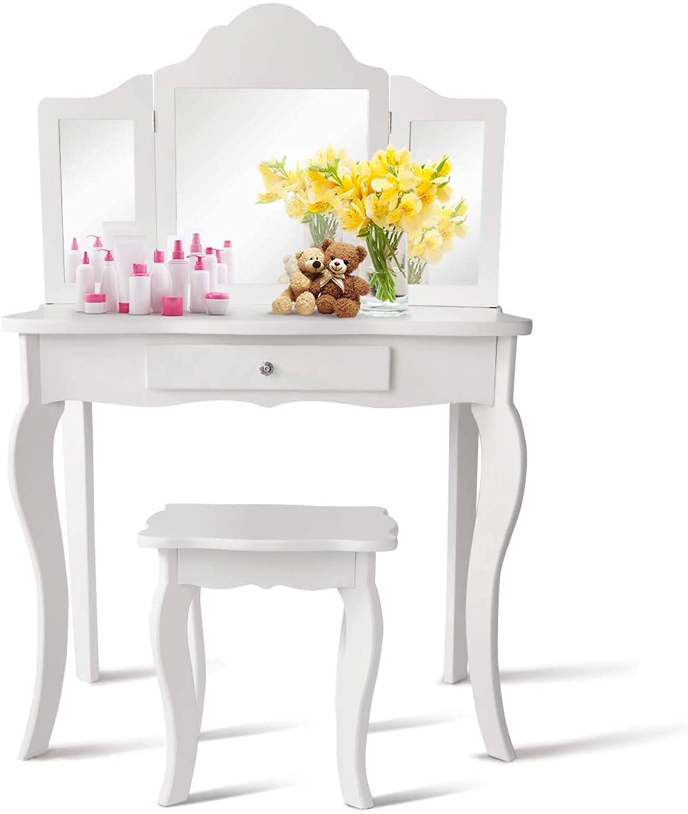 GOPLUS Tocador para Niñas con Espejo de 3 Persianas Plegables Ajustables, Parte Superior Extraíble, Tocador Infantil de Maquillaje para Niños, 70 x 34 x 100 cm (Blanco)