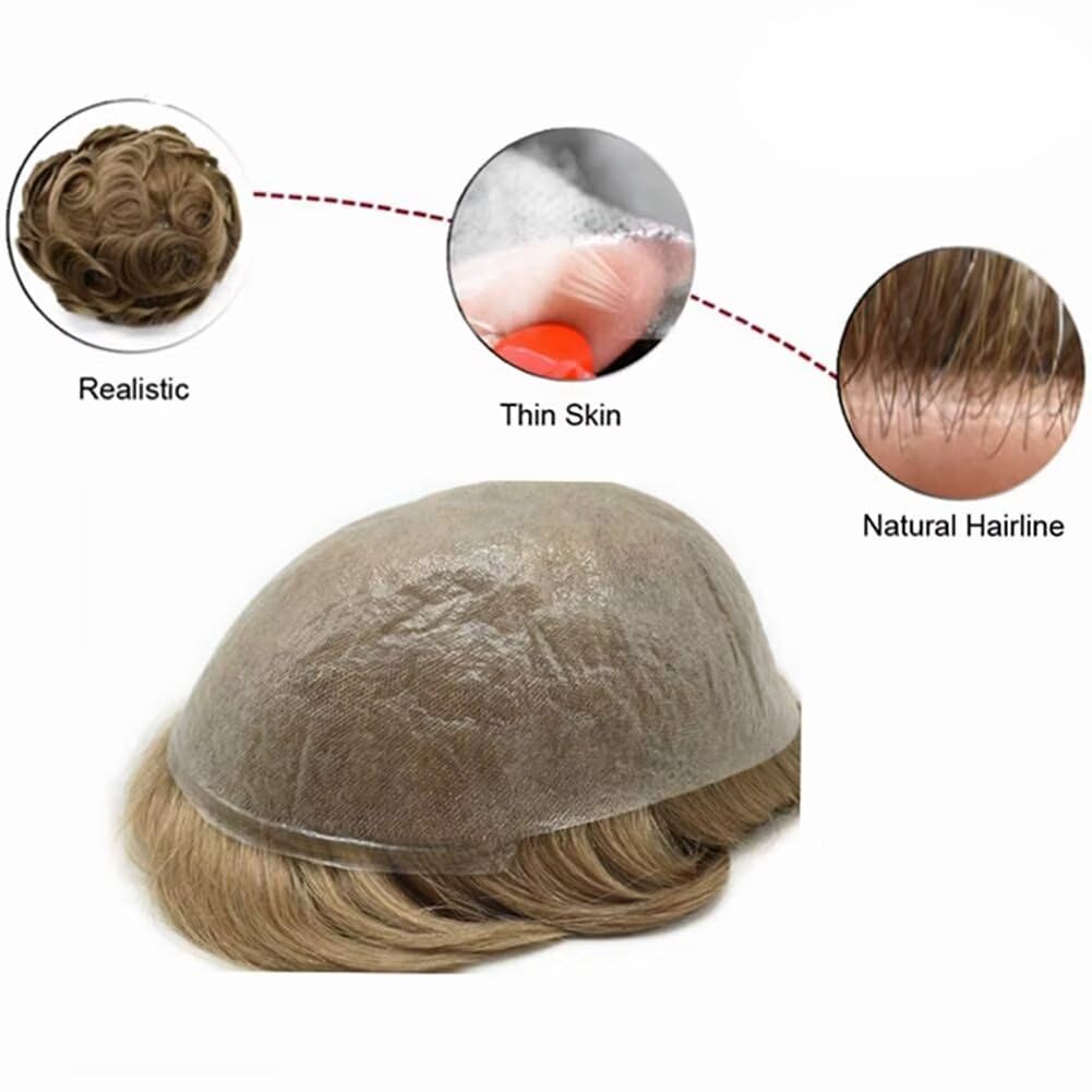 Super Thin Skin Toupee for Men Hair Systems V-looped Knotless Mens Toupee Soft Human Hairpiece 0.04mm PU Men Hair Piece Light Density Hair System 7X9"-80% density#1B Off Black