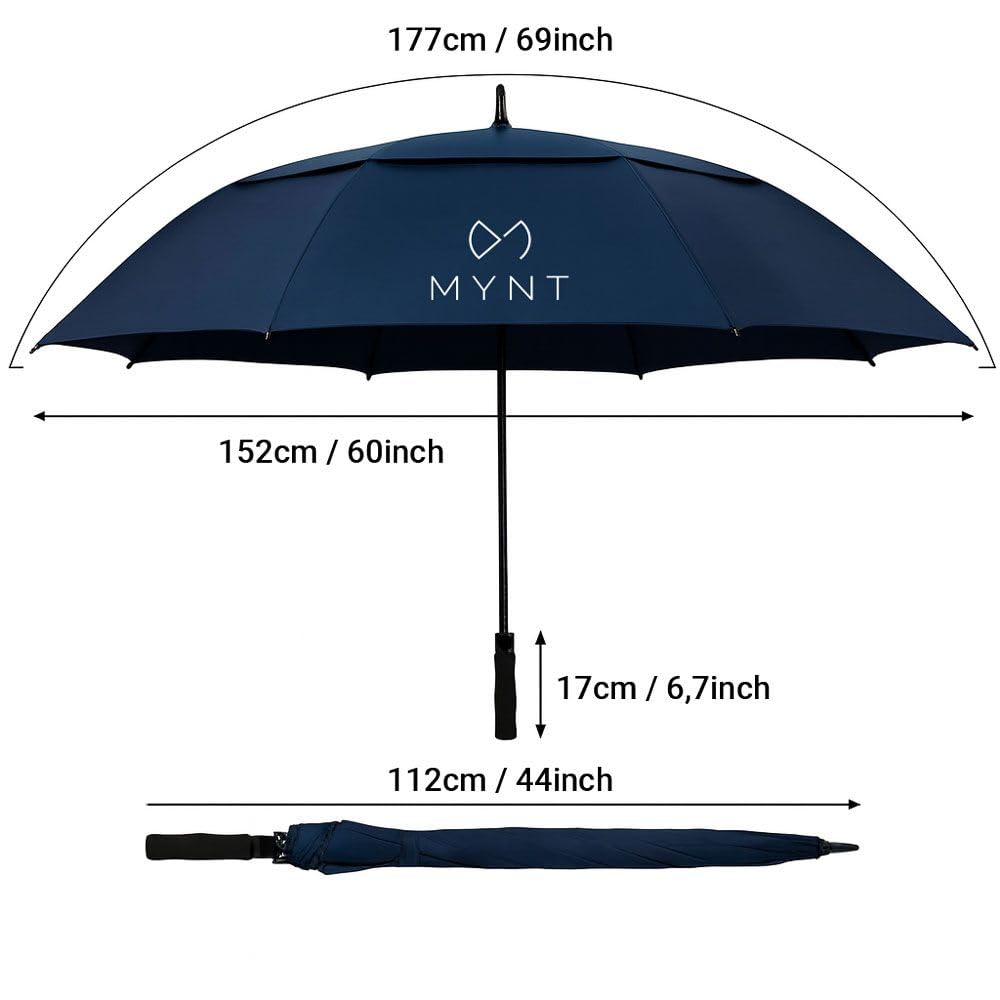 MYNT Pro Rain - Parapluie de golf automatique XXL (diamètre 150 cm) avec protection UV - Double baldaquin - Pour homme et femme - Fibre de verre - Résistant aux tempêtes - Grand